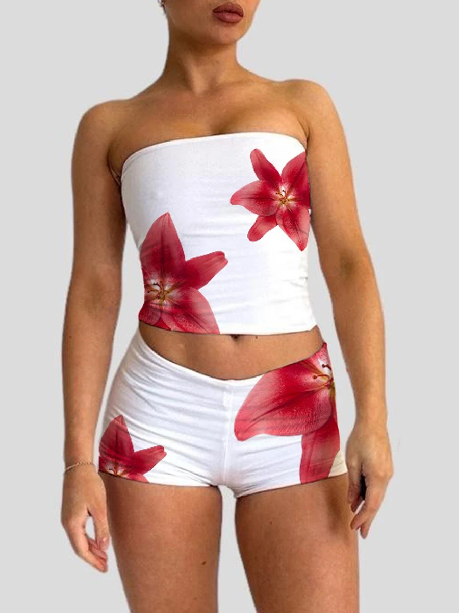 Conjunto de ropa de dormir de 2 piezas para mujer, traje informal con estampado Floral grande sin tirantes, Top de tubo sin tirantes, pantalones cortos de cintura elástica