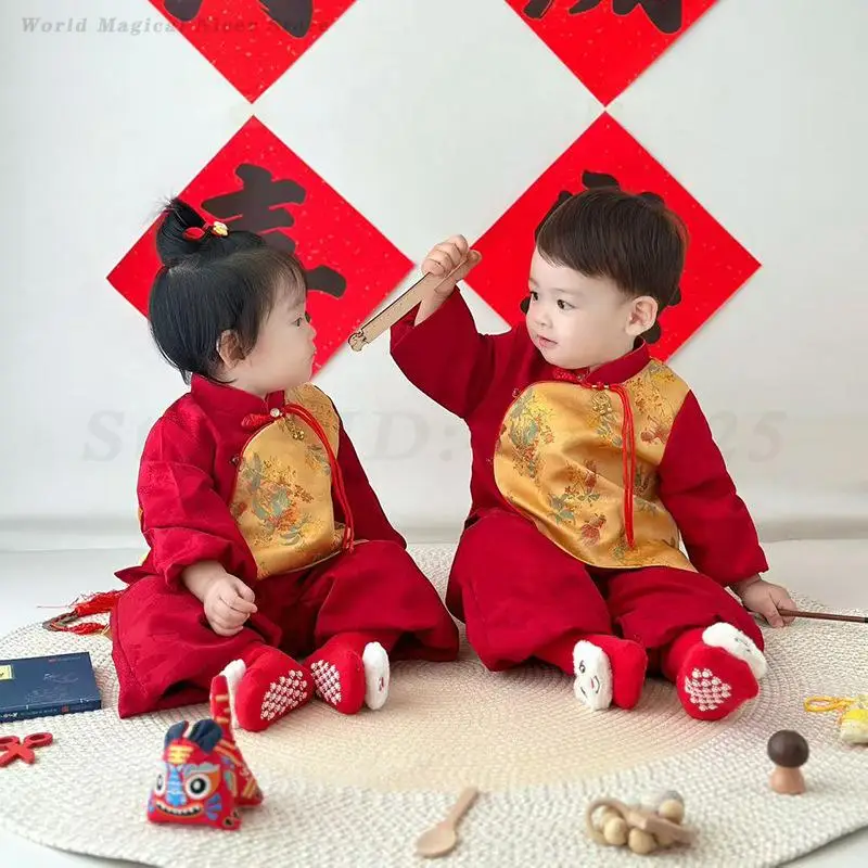 Vestiti Tang in stile cinese per bambini Primavera Festivo Capodanno Hanfu Regalo Neonato Tang Suit Bambini Vintage Top a maniche lunghe Pantalone