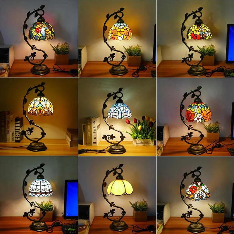 

OUFULA Tiffany Table Lamp American Retro Living Room Bedroom Lamp Luxurious Villa Hotel Stained Glass Desk Lamp