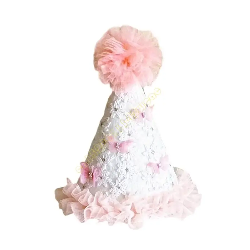 

Sweet Baby Pink Birthday Hat for Girls Party Celebration Lace Bowknot Decoration DXAD