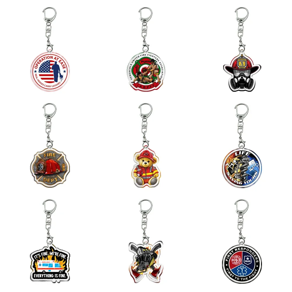 Fireman Acrylic Emergency Theme Keychain Transparent Glitter Acrylic Trinket For Friends Pendants