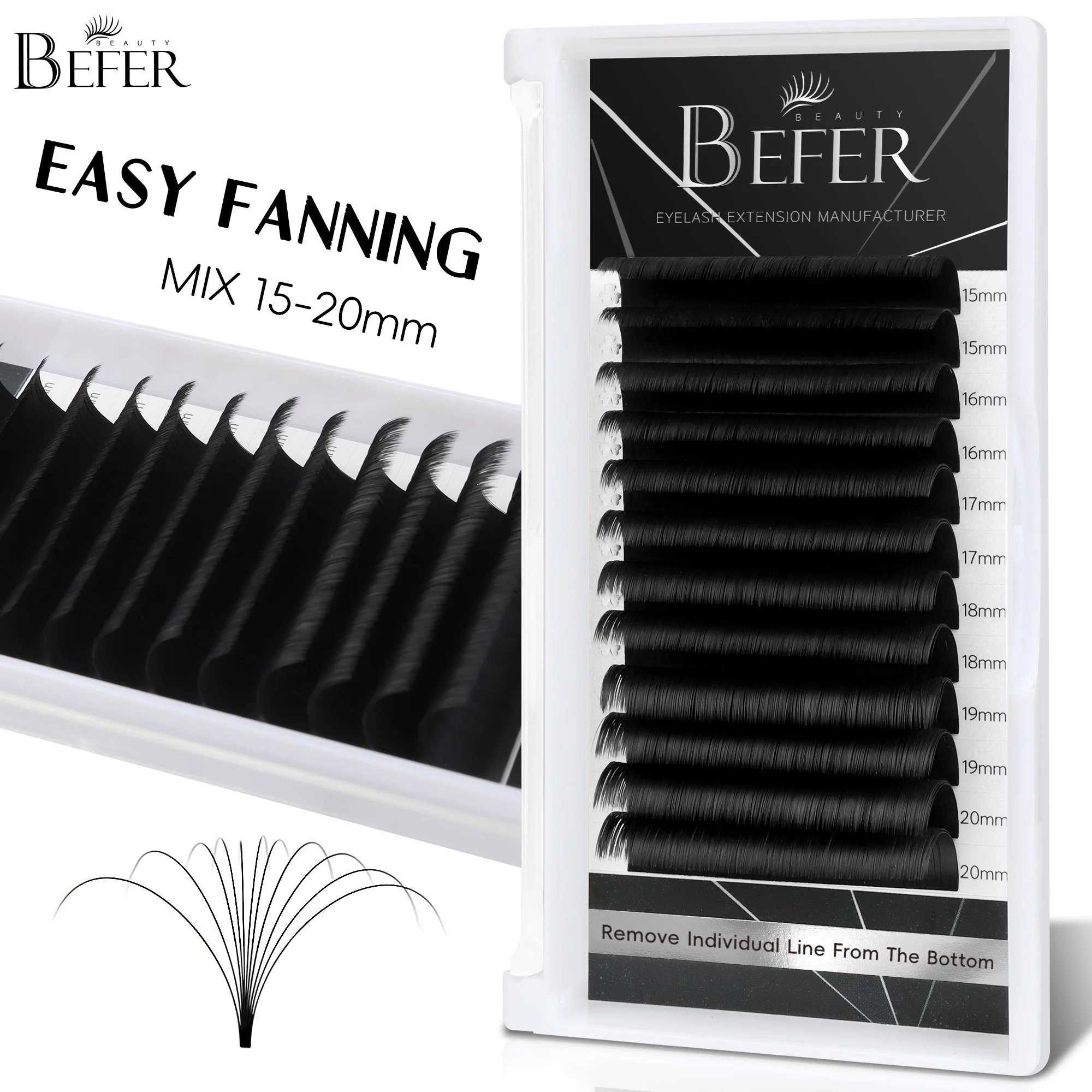 Befer Beauty Easy Fan Volume Eyelash Extensions 15-20mm PBT Matte Black Soft Easy Fanning Bloom Eyelashes Austomatic Flowering