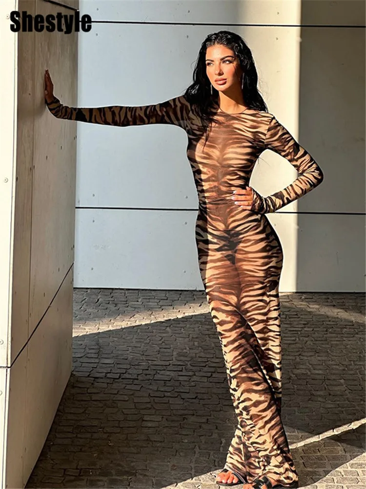 Shestyle Tiger Printed Mesh Women Penil Long Dress Women Bodycon Sheer Crew Neck Striped Yellow Sexy See-Through Clubwear Hot