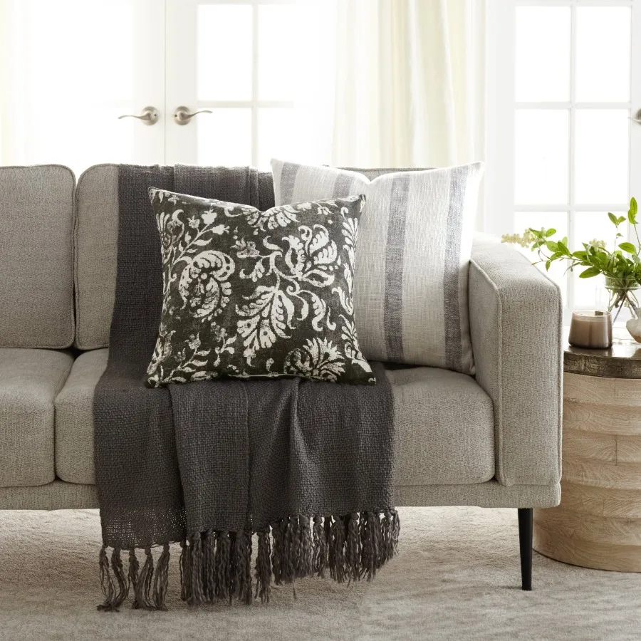 

2-Pack Decor Throw Pillows Floral Charcoal and Yarn-Dyed Awning Stripe