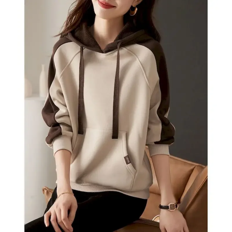 

Color Blocking Hoodies Women Autumn Winter Trendy Thicken Plush Hooded Coats Fashion Simple Stitching Hoodie Casual Loose Coat
