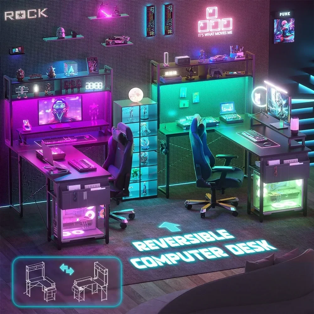 Mesa Gaming em forma de L com luzes LED e Tomadas, computador reversível