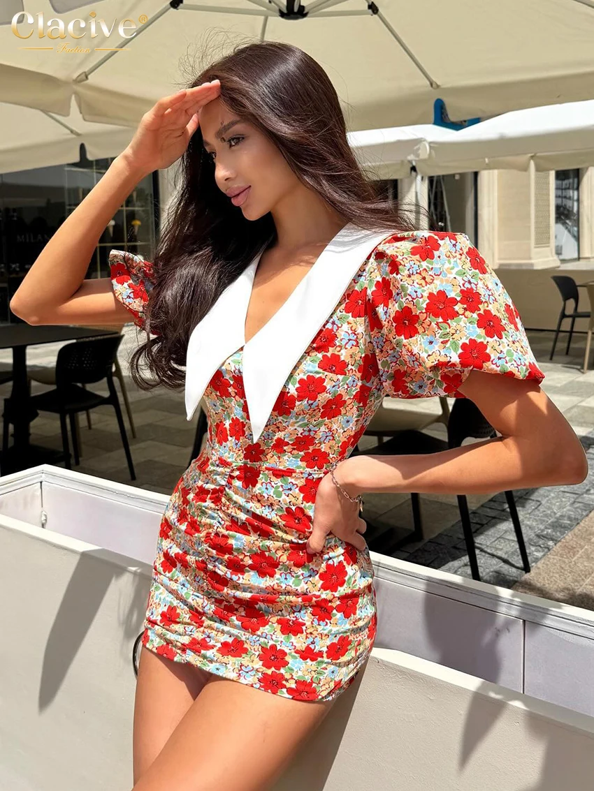 Women's Ruched High-Waist Mini Dress - Lapel Short Sleeve Print