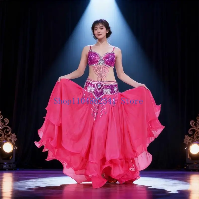 5asd ausgestellter Bauchtanzrock mit gerolltem Saum, 3-lagiger leichtes, atmungsaktives Polyester-Outfit für