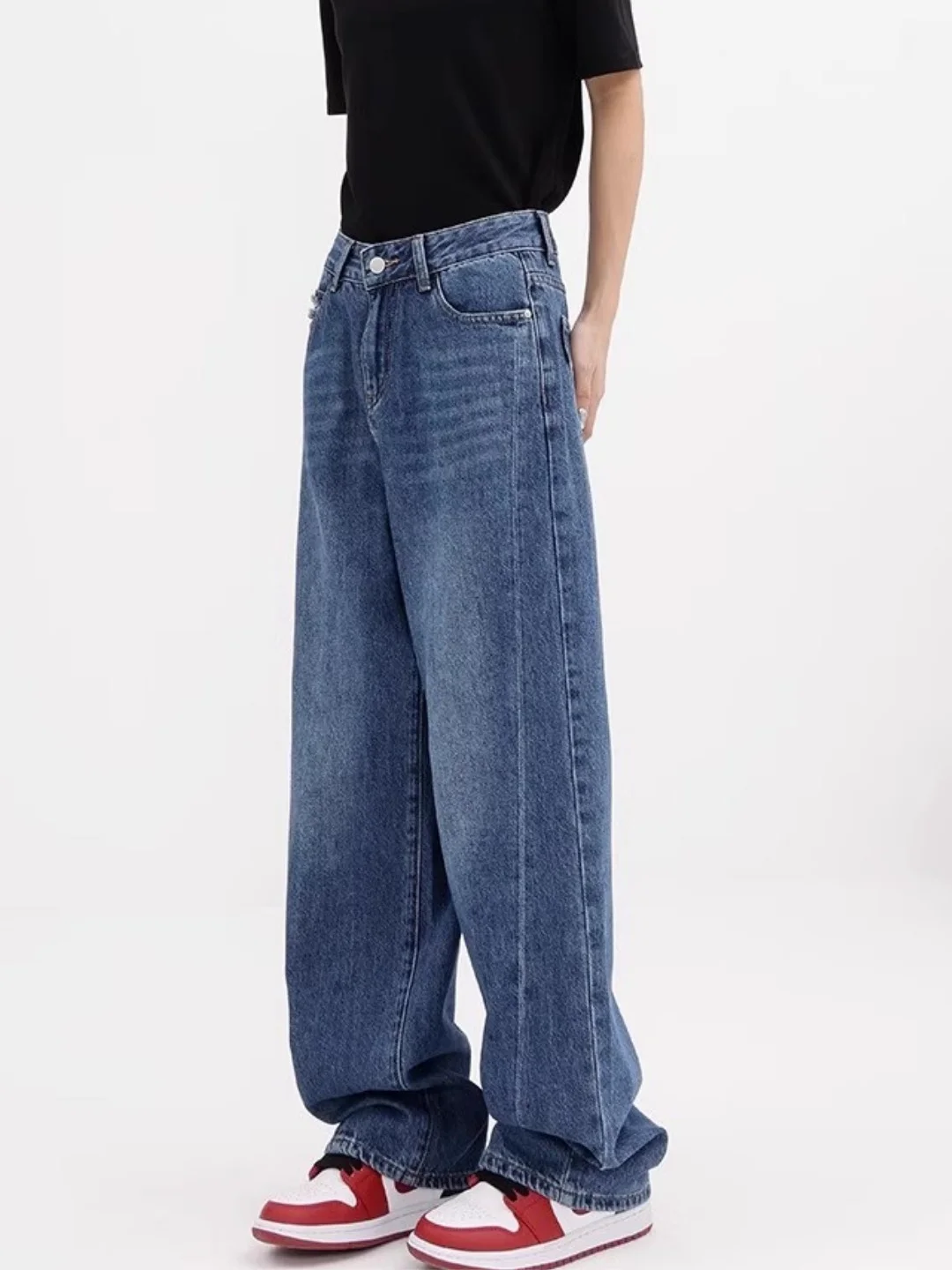 

Американские женские джинсы в стиле High Street, с высокой талией, свободные, стройнящие, в пол, повседневные, широкие брюки для высоких женщин