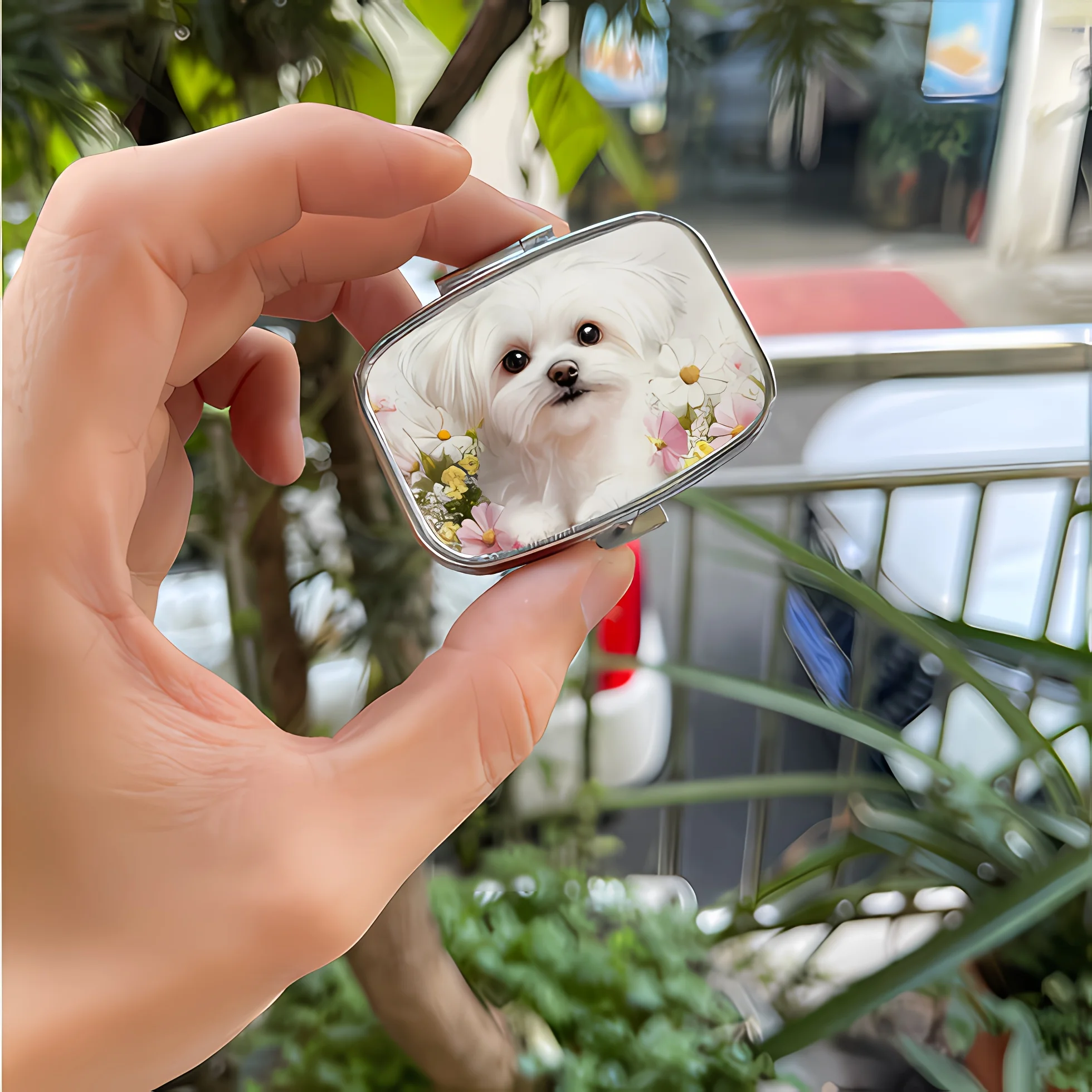 1 Square Portable Metal Pill Box with Cute Maltese Dog Design, 2-Compartment Pill Box, Dual-Purpose Wallet and Pill Box—Essential for Travel