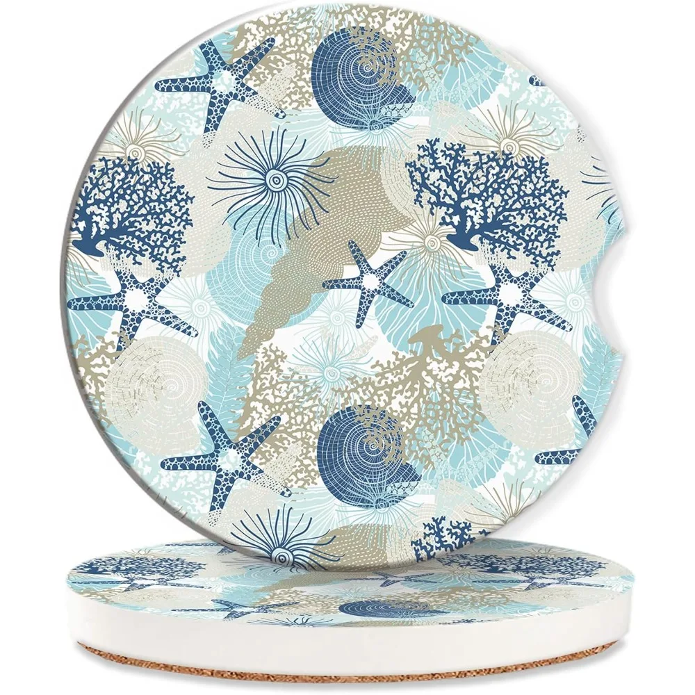 

Car Coasters For Cup Holders,2 Pack Coastal Beach Absorbent Ceramic Coaster Shell Starfish Coral Non-Slip Auto Accessories Inter