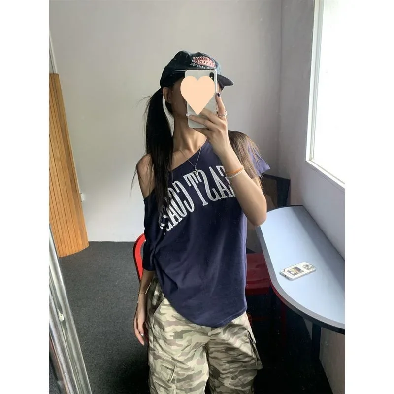 تي شيرت نسائي صيفي ملون من القطن المطاطي على الطراز الأمريكي بقصة ضيقة وأكتاف علوية عتيقة وأكمام قصيرة باللون الأزرق #2