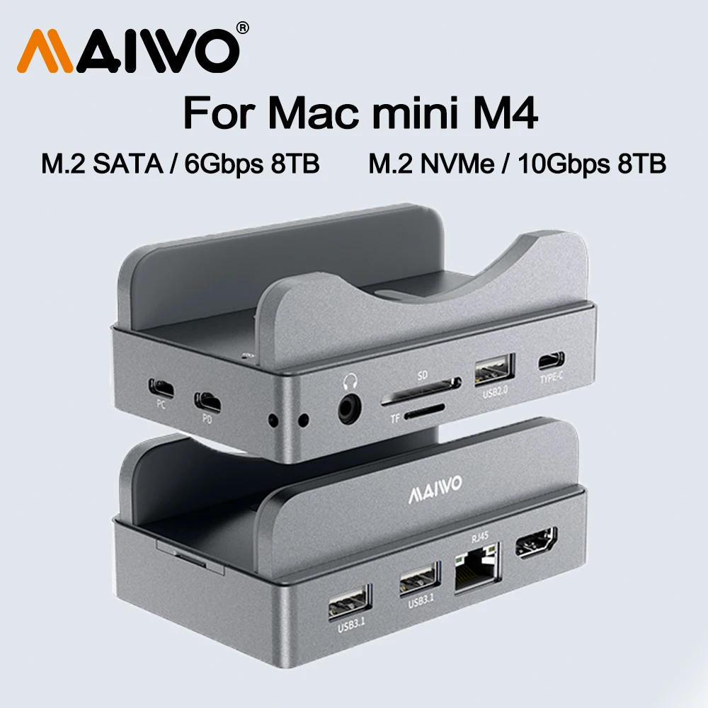 

MAIWO USB HUB Docking Station with Mac Mini M4 M.2 SATA/NVMe SSD Case for 8TB Max 6/10Gbps USB-A&C Ports SD&TF USB Splitter Dock