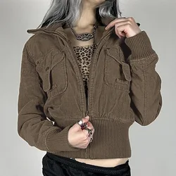 Retro Corduroy Stitching Threaded Zipper Lapel Coat Women's New Autumn and Winter 2024 Coat