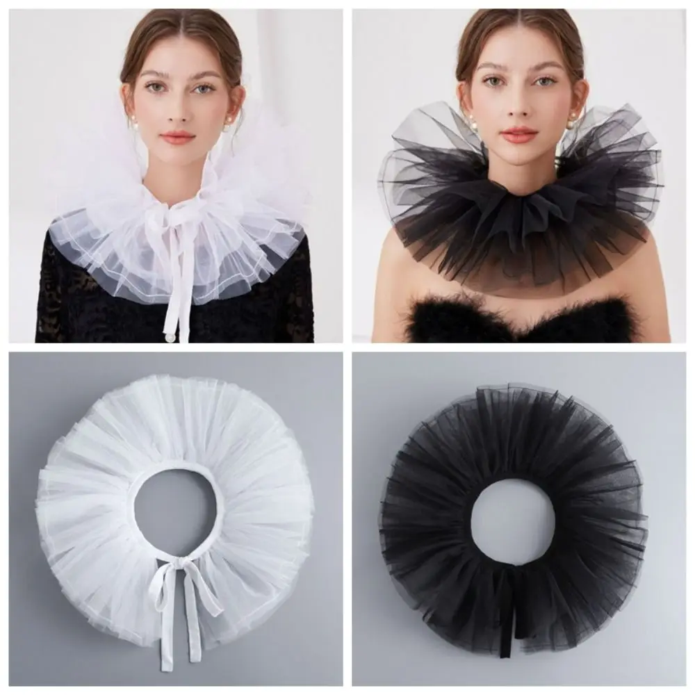 Fashion Mesh Tulle Ruffled Fake Collar Layered Detachable Victorian Neck Ruff Shawl Collar Decoration Women