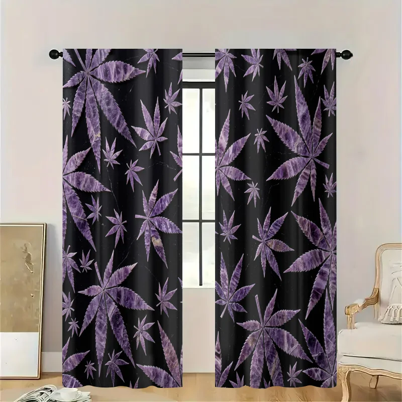 Purple Cannabis Leaf Pattern Decorative Semi-Sheer Curtain Panel Pair Window Curtains for Kitchen Bathroom Home Decor Privacy Ro