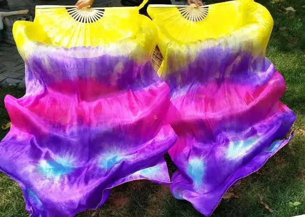 Handmade Tie Dyed 1 Pair Silk Belly Dance Veil Bamboo  Dancing Fan Veil 180cm For Women