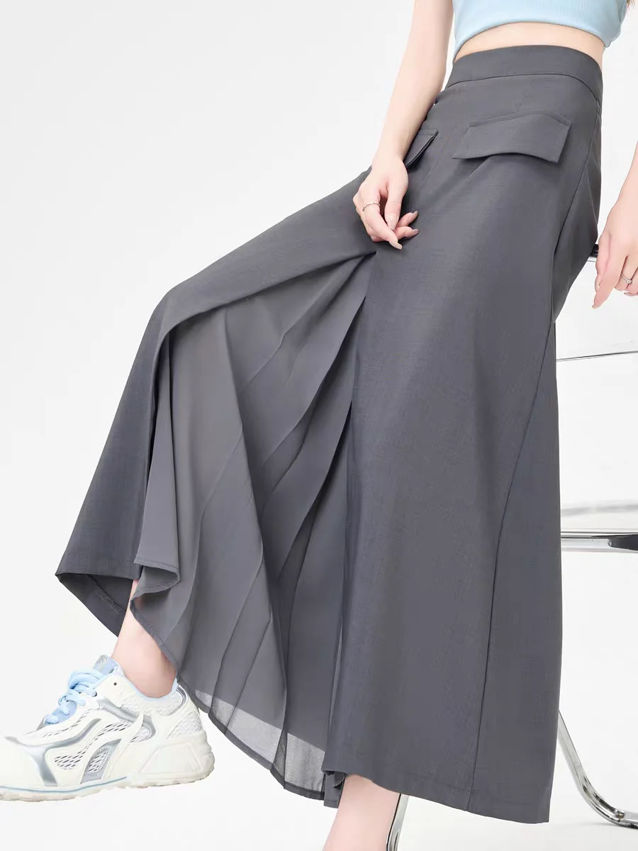

2025 Summer New Skirt Women’s Gray High-Waist Skirts Tailored A-Line Bodycon with Chiffon Pleat & Thigh Split - Office Chic