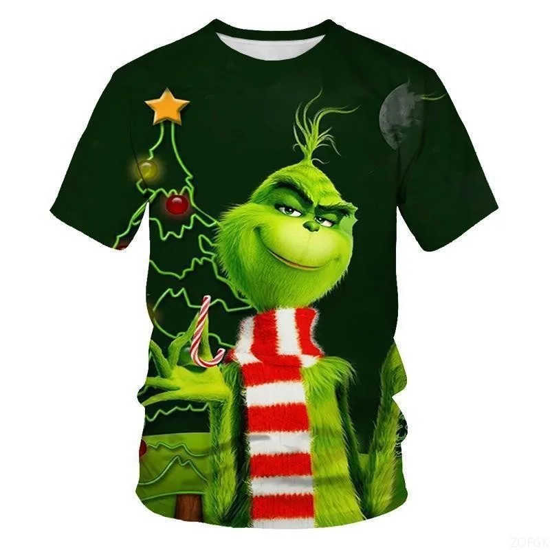 Cross Border Nuovo 2025 Natale Cartoon Pelliccia Verde Mostro 3D Stampato T-shirt da uomo a maniche corte Natale Grinch