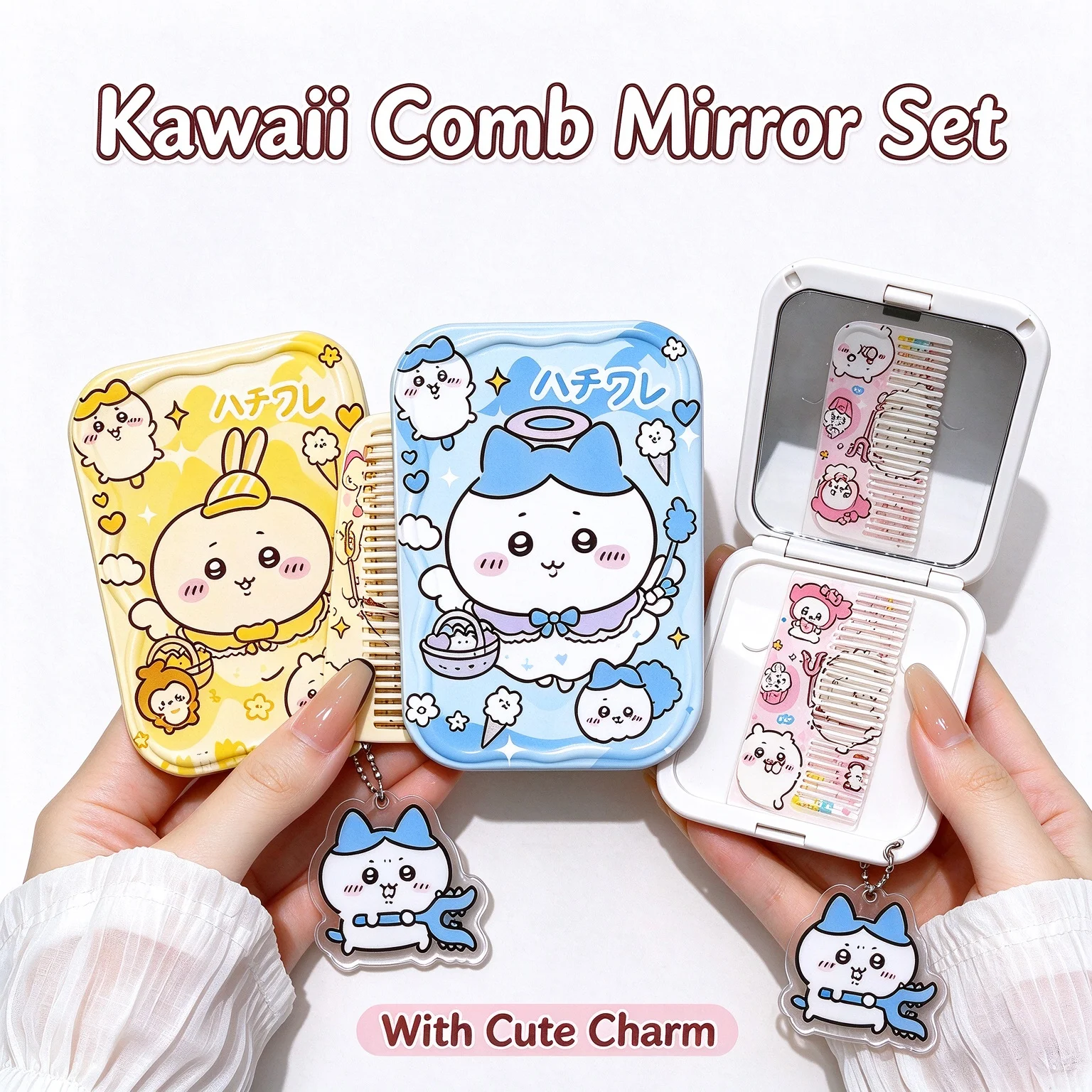 Hot sale Chiikawa Usagi Hachiware Foldable 2in1 Pocket Mirror With Built-in Hair Comb, Portable Travel Cosmetic Mirror Accessory