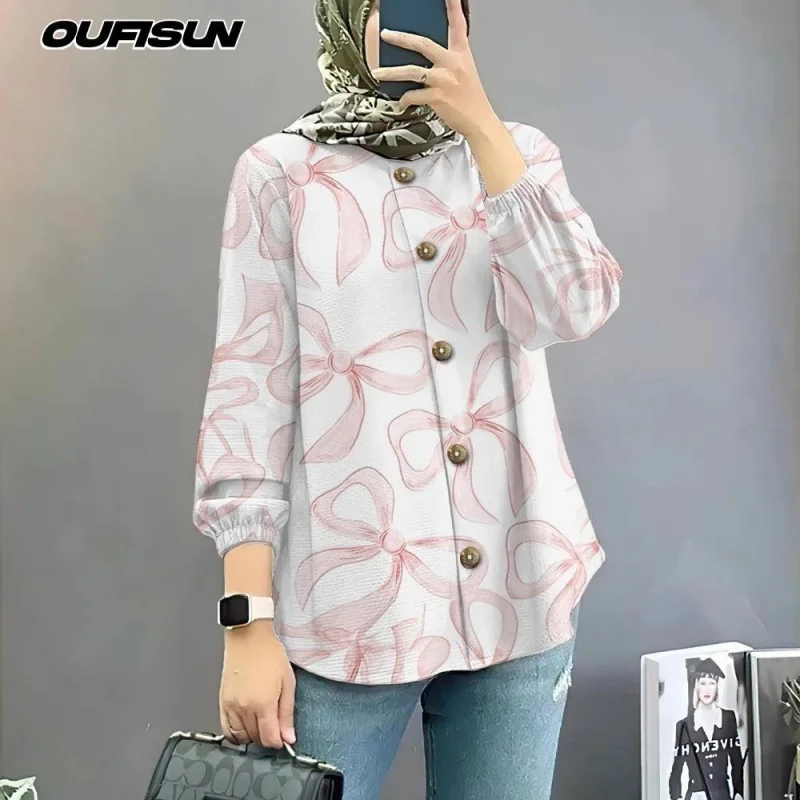 เสื้อเชิ้ตมุสลิมขนาดใหญ่พร้อมผูกรูปผีเสื้อเสื้อเชิ้ตแขนยาวสไตล์หวานแขนพัฟราคาถูก 2025 เสื้อฤดูร้อน