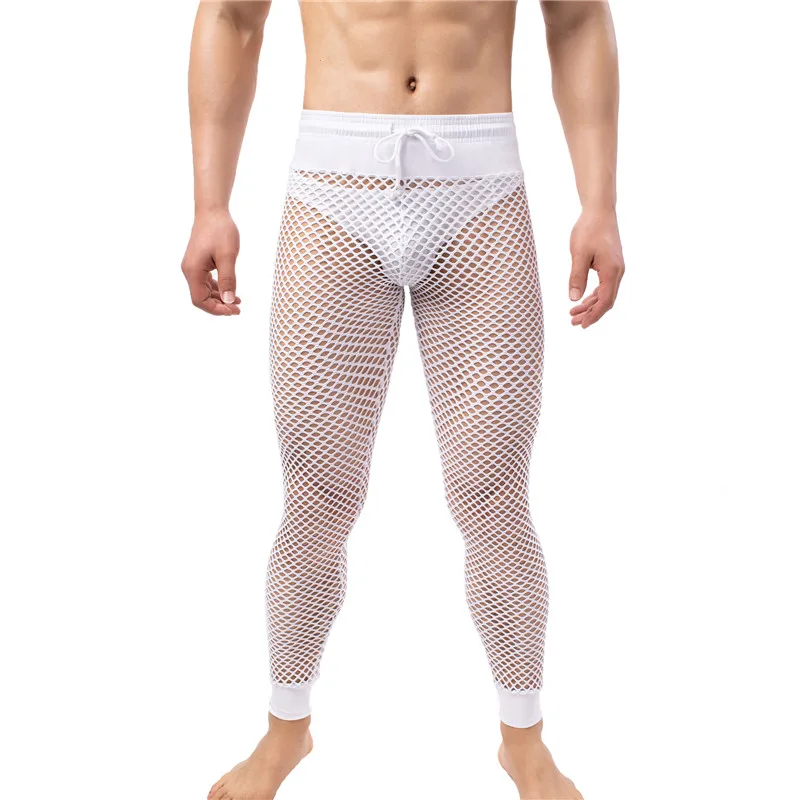 Mens Pajamas Mesh See Through Long Pants Sleepwear Hollow Out Fishnet Trousers Nightgown Sleep Bottoms Sexy Leggings Underwear