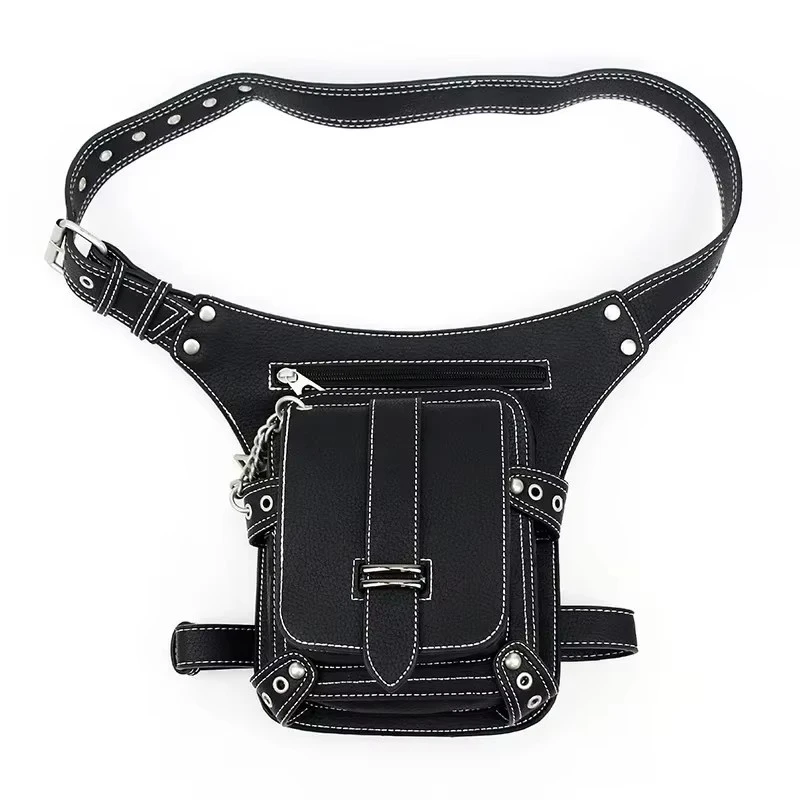 Steam-punk style men's and women's dark-themed motorcycle leg bag leather stitching mobile phone waist bag cross-body bag Purses