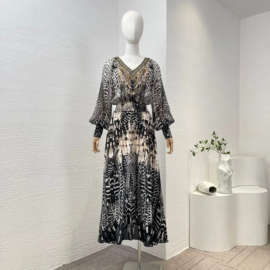 

2024 New Animal Leopard Print Diamonds Midi Dress Long Sleeve V-neck High Quality Women Clothing