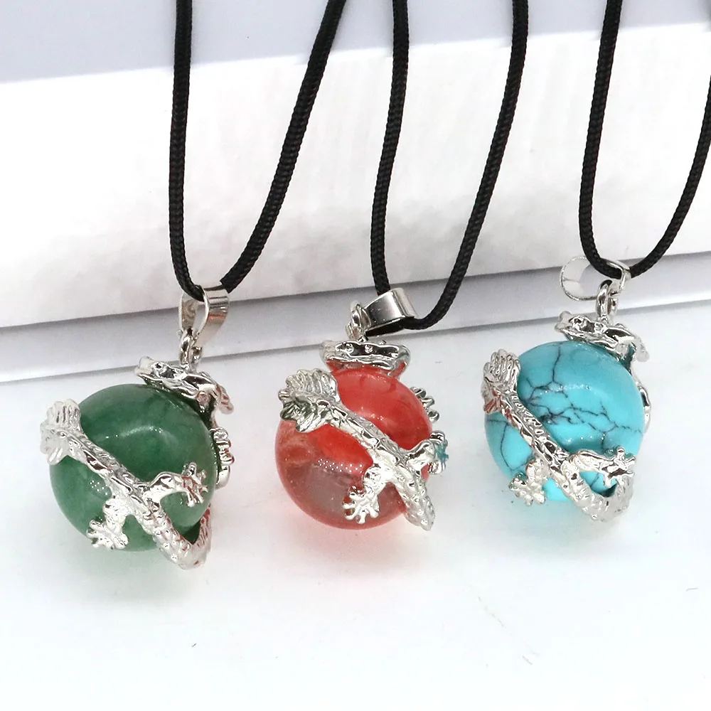 China Dragon Wrapped Natural Stones Pendant Necklace for Healing Reiki Handmade Round Balls Shape Crystal Quartz Beads Women Men