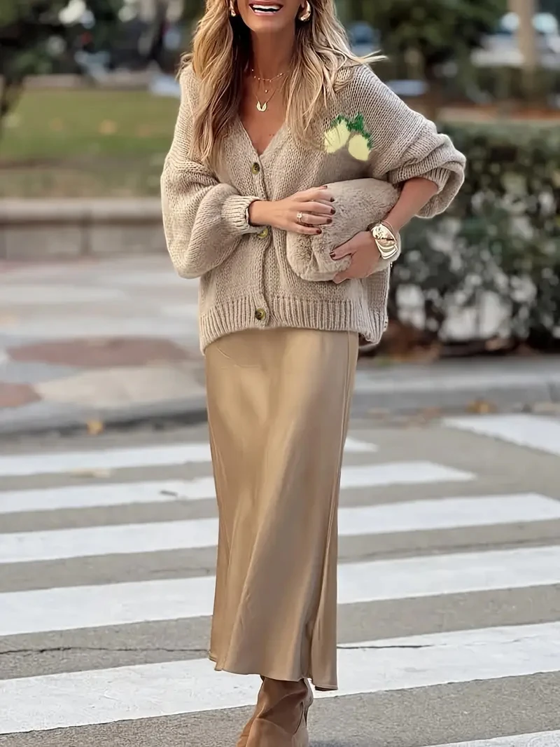 سترة نسائية كاجوال عصرية بأكمام طويلة وأزرار سترة ناعمة ومريحة فضفاضة بأكمام واسعة وسترة منسوجة بالليمون