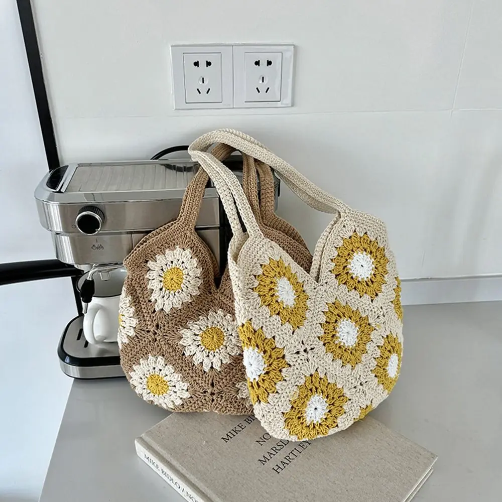 

Trendy Floral Crochet Knit Bag Handmade Leisure Boho Shoulder Bag Large Capacity Casual Women's Tote Bag Ladies/Girls