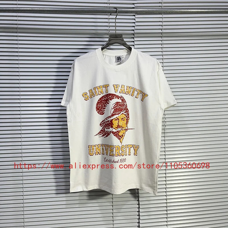 Hot New SAINT Men’s T-Shirt Retro Collegiate Pirate Print White Cotton Casual Short SleeveTop Fast Delivery
