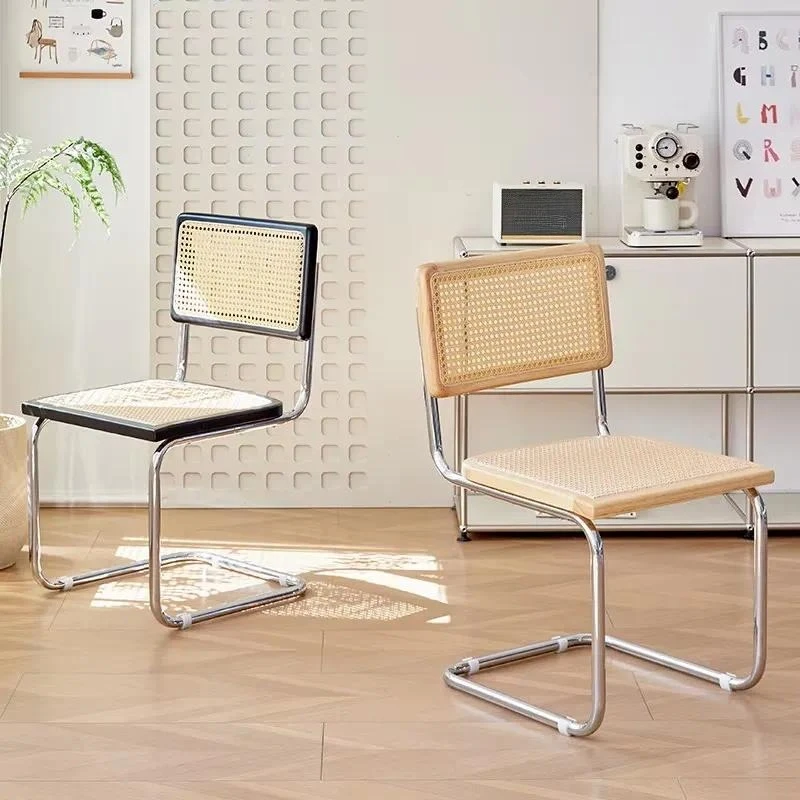 Modern Bauhaus Scandinavian Rattan Dining Chair Stainless Steel Frame Hand Woven Back Durable Comfortable Fashion