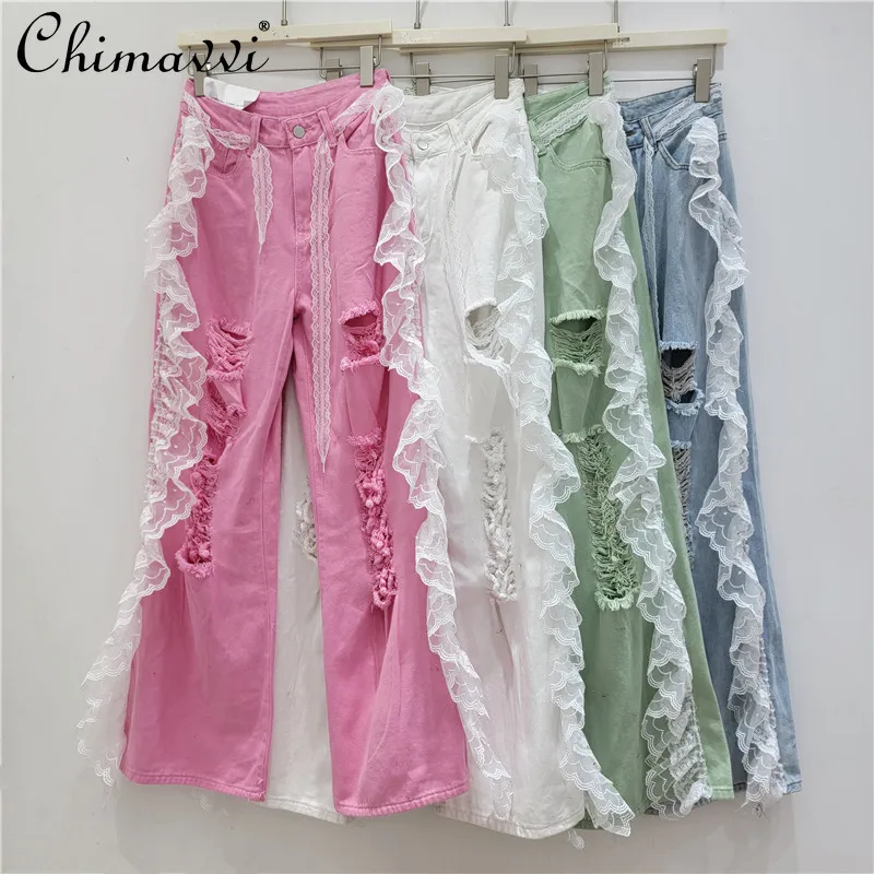 

Fashion White Ripped Straight-leg Pants Women's Spring and Summer New Heavy Industry Lace Splicing Ripped Denim Wide-leg Pants