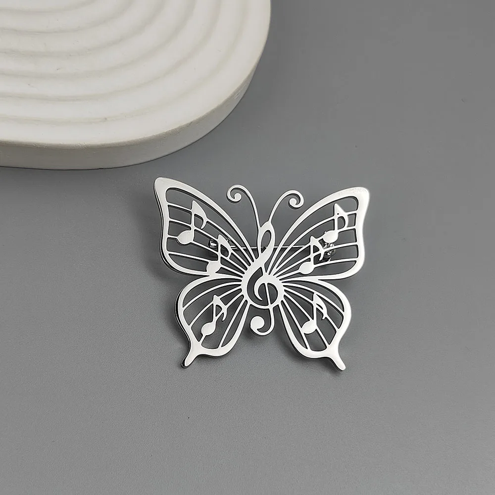 316L Stainless Steel Plated 18K Gold Music Note Butterfly Hollow Brooch Lapel Pin Music Lover Suit Backpack Women Jewelry Gift - view 5
