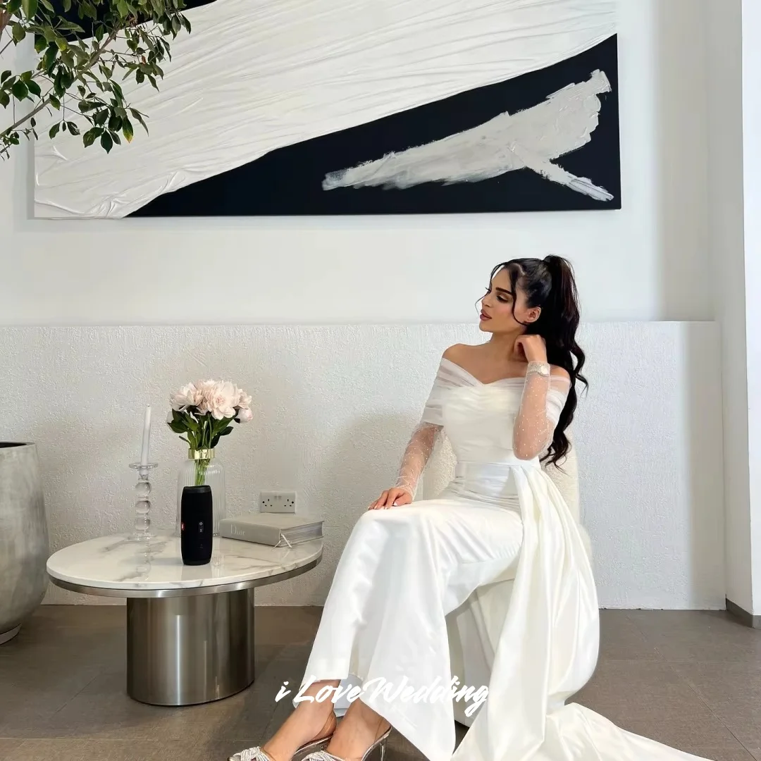 White Off Shoulder Evening Dresses 2025 Satin Long Sleeve Beaded Mermaid Ankle-Length Pleated Wedding Party Dresses Customized