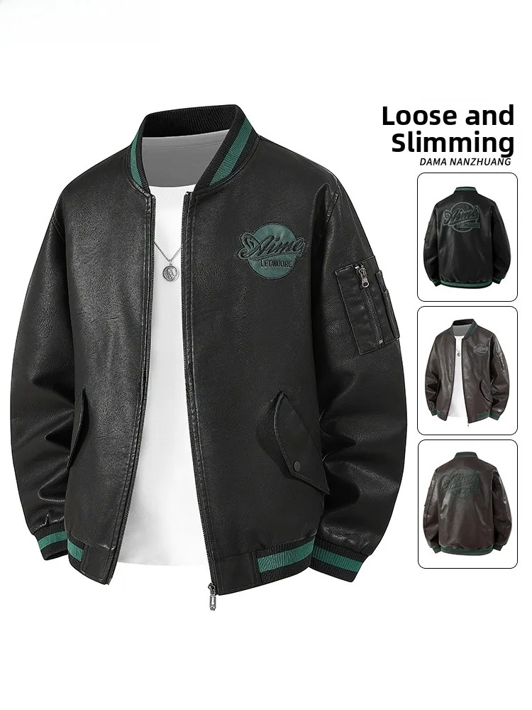 

plus Size Men's Leather Jaet American Sle Retro PU Baseball Jaet Outerwear Faionable Urban Casual Long Sve Zipper