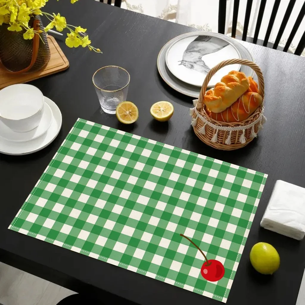 Set of 4 Plaid Check Placemats, Featuring a Red Cherry in the Center Ideal for Outdoor Picnics The Green and White Base