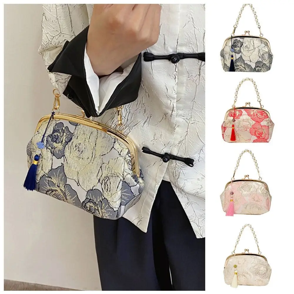 

Cheongsam Accessories Embroidery Banquet Bag Pearl Handle Large Capacity Hanfu Handbag Wrist Bag Shoulder Bag Ladies Clutch Bag