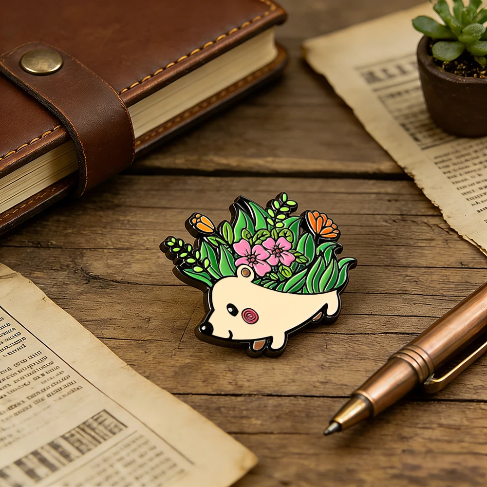 Niedliche Garten-Brosche mit Igel-Motiv, Cartoon-Garten-Abzeichen, Blumen- und Tier-Emaille-Anstecknadel, kreative Rucksack-Dekoration – Detail 5