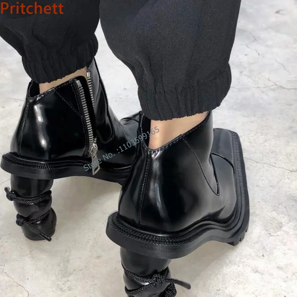 

Solid Black Sewing Ankle Boots Strange Style Heel Cord Cross Pointy Toe Zipper Modern Boots High Increase Spring Runway Boots