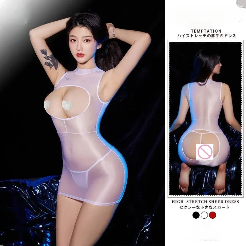 

Oil Shiny Open bra Dress Women Sexy Erotic Lingerie Transparent Smooth Silky Glossy Bodycon Dress Hollow Out Butt Skinny Dress