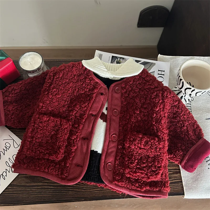 

Children's Clothing New Winter Girls Bear Collar Sweater Children's Red Plaid Fleece Pants Two-Piece Set