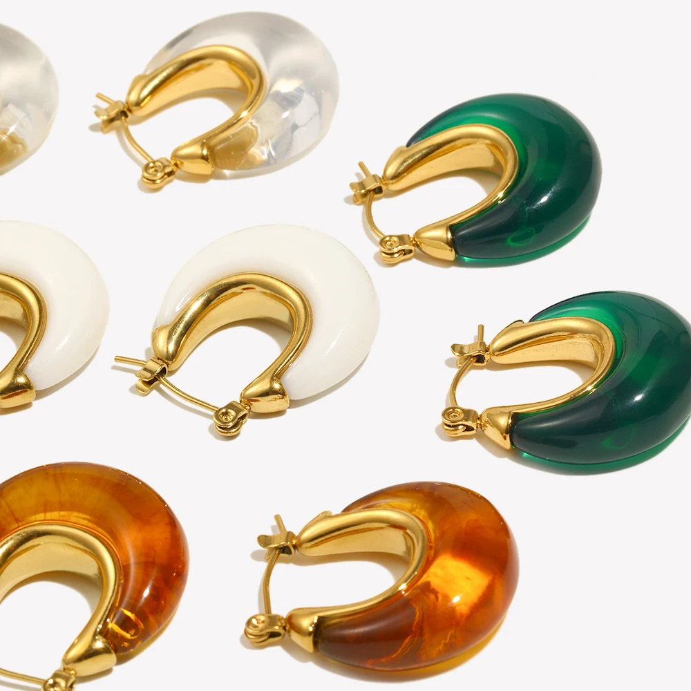 E.B.belle Multiple Colors Jewellery Acrylic White Clear Green Burgundy Small Round Fat  Stainless Steel Hoop Earrings For Women