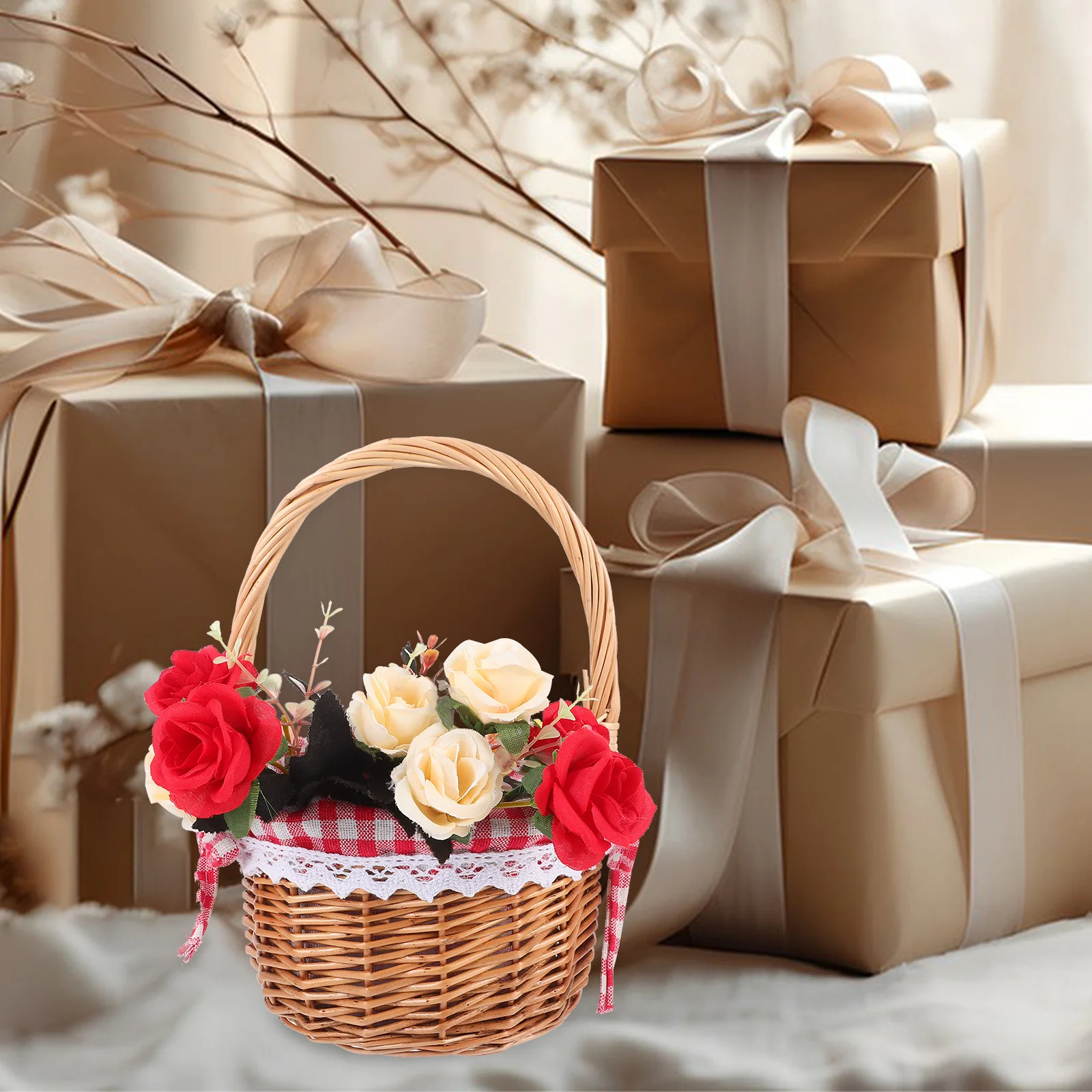 

Hand Rattan Basket With Handles Foldable Lining Storage For Wedding Easter Fruit Candy Picnic Organizer Home Gift