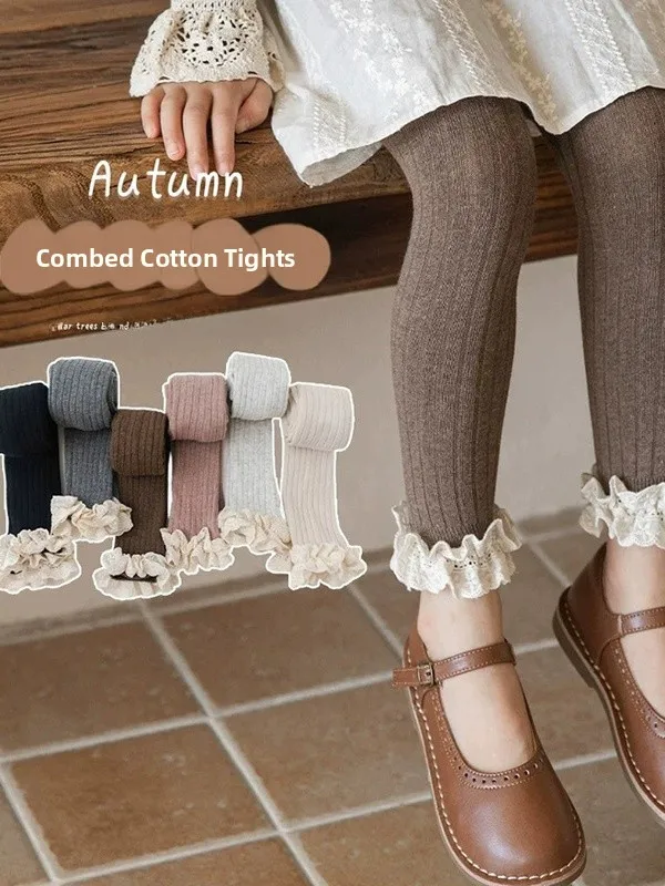 

Girls Lace Trim Elastic Bot Pants Spring Autumn Sle Retro Floral Embellied High Waist Long Leggings for Kids