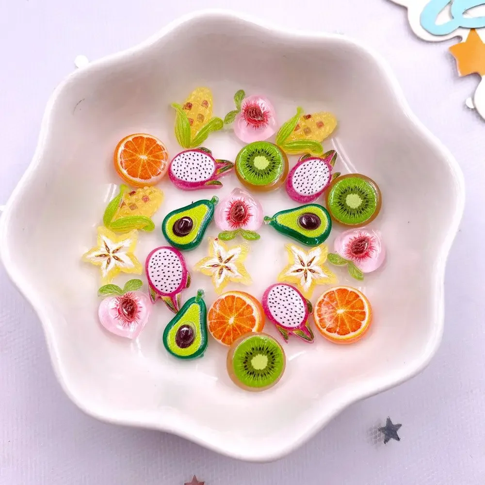 50PCS Resin Mini Colorful Avocado Kiwi Orange Corn Fruits Vegetables Nail Art Flatback Rhinestone Figurines DIY Bow Decor Crafts