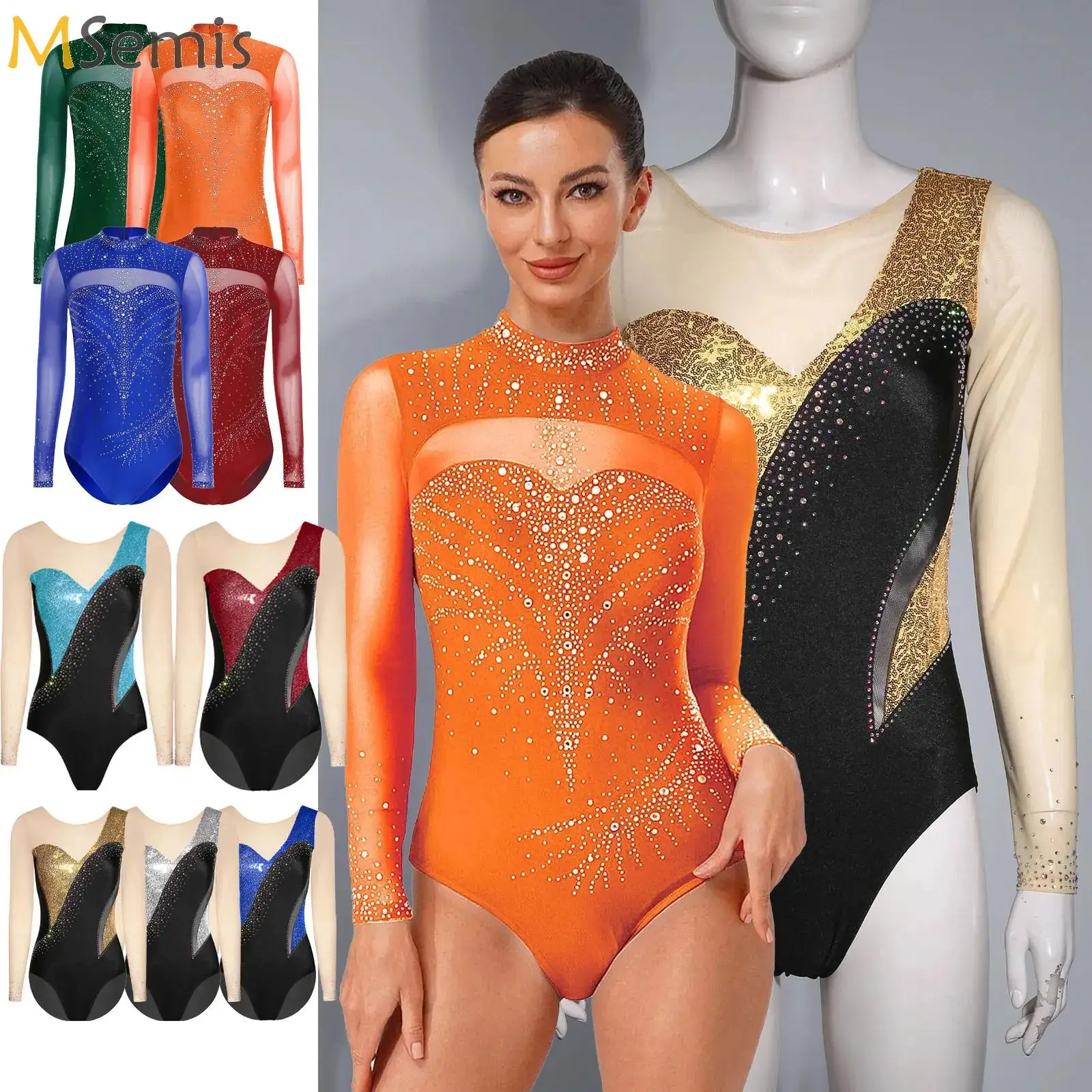 

Womens Ballet Jersey Gymnastics Artistic Figure Skating Costume Jumpsuit Sparkly Rhinestone Leotards Performance Dance Outfits