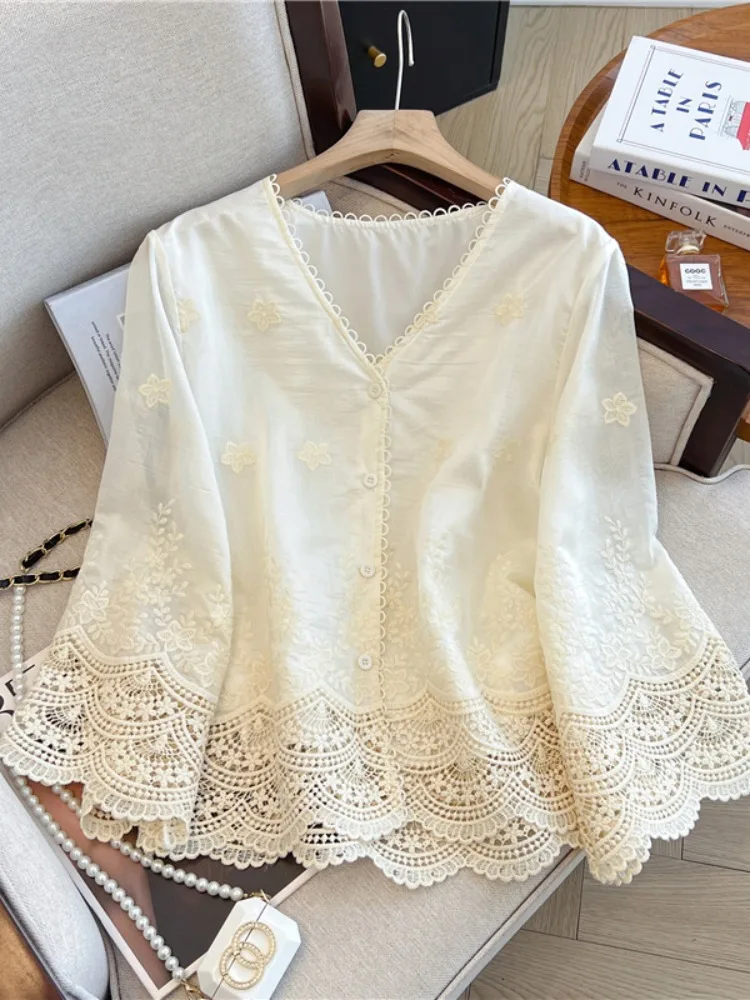 الدانتيل V-ne 3/4 Sve irt المرأة الصيف حجم كبير فضفاض Age-defng حماية من الشمس تكييف الهواء العصرية #2