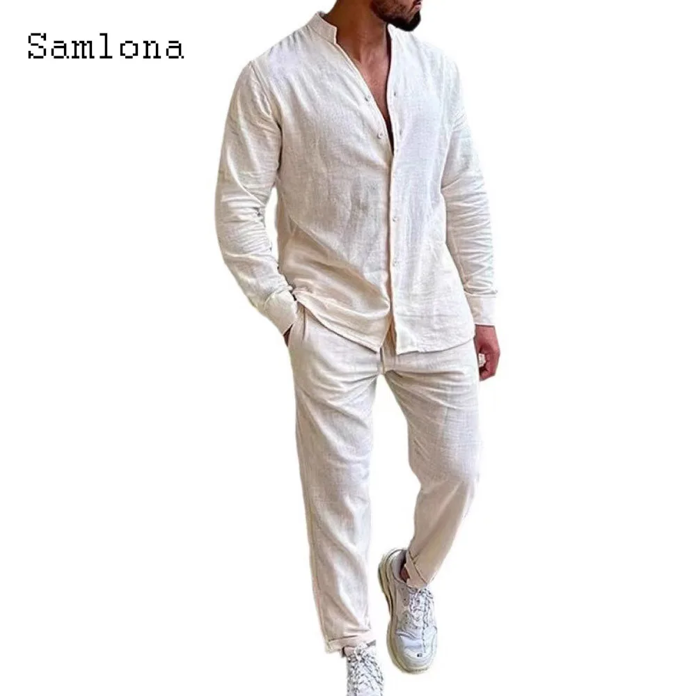 Plus Size Mens Casual Linen Two Piece Sets 2025 Spring Summer Basic Tops and Pencil Pants Suit Male Fashion Tracksuits Set New